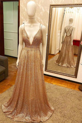 Trendy New Arrival Pluging V-Neck Gold Gorgeous Formal Dresses with Criss-cross Back-Dbrbridal