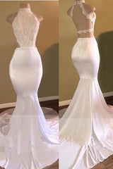 Trendy White Mermaid High-Neck Sleeveless Formal Dresses-Dbrbridal