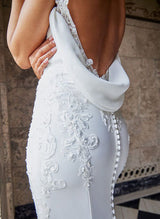 Trumpet Mermaid Fitted Cowl Neck Elastic Satin Wedding Dresses Appliques Lace-Dbrbridal