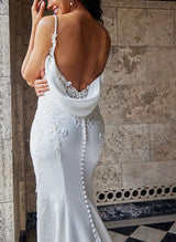 Trumpet Mermaid Fitted Cowl Neck Elastic Satin Wedding Dresses Appliques Lace-Dbrbridal