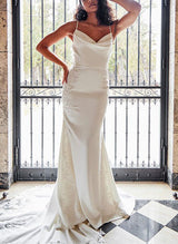 Trumpet Mermaid Fitted Cowl Neck Elastic Satin Wedding Dresses Appliques Lace-Dbrbridal