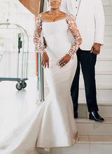 Trumpet Mermaid Fitted Illusion Neck Satin Wedding Dresses Lace-Dbrbridal