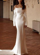Trumpet Mermaid Fitted Long Sleeves Sweep Train Satin Wedding Dresses-Dbrbridal