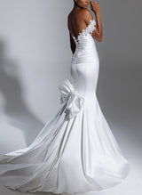 Trumpet Mermaid Fitted Off The Shoulder Sleeveless Satin Wedding Dresses Bow-Dbrbridal