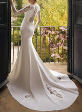 Trumpet Mermaid Fitted Silk Like Satin Wedding Dresses Appliques Lace-Dbrbridal