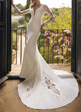 Trumpet Mermaid Fitted Silk Like Satin Wedding Dresses Appliques Lace-Dbrbridal