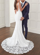 Trumpet Mermaid Fitted Square Neckline Lace Elastic Satin Wedding Dresses-Dbrbridal