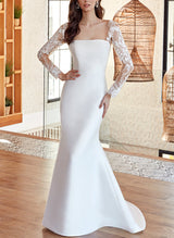 Trumpet Mermaid Fitted Square Neckline Long Sleeves Satin Wedding Dresses-Dbrbridal