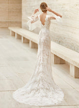 Trumpet Mermaid Fitted V-Neck Long Sleeves Lace Court Train Wedding Dresses Split Front Lace-Dbrbridal