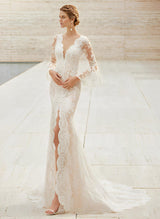 Trumpet Mermaid Fitted V-Neck Long Sleeves Lace Court Train Wedding Dresses Split Front Lace-Dbrbridal