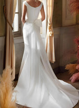Trumpet Mermaid Fitted V Neck Satin Court Train Wedding Dresses Bow-Dbrbridal