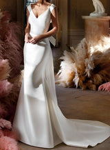 Trumpet Mermaid Fitted V Neck Satin Court Train Wedding Dresses Bow-Dbrbridal