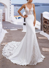 Trumpet Mermaid Fitted V Neck Satin Lace Court Train Wedding Dresses Lace-Dbrbridal