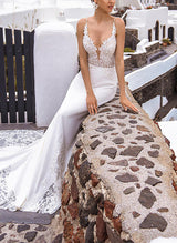 Trumpet Mermaid Fitted V Neck Satin Lace Court Train Wedding Dresses Lace-Dbrbridal