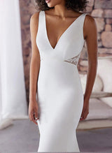 Trumpet Mermaid Fitted V Neck Satin Sweep Train Lace Wedding Dresses Lace-Dbrbridal