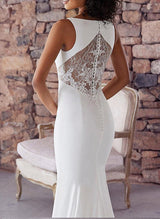 Trumpet Mermaid Fitted V Neck Satin Sweep Train Lace Wedding Dresses Lace-Dbrbridal