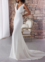 Trumpet Mermaid Fitted V Neck Satin Sweep Train Lace Wedding Dresses Lace-Dbrbridal