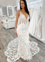 Trumpet Mermaid Fitted V Neck Sleeveless Backless Sexy Tulle Wedding Dresses Appliques Lace-Dbrbridal