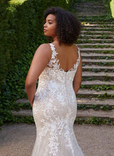 Trumpet Mermaid Fitted V Neck Sleeveless Chapel Train Lace Tulle Wedding Dresses-Dbrbridal