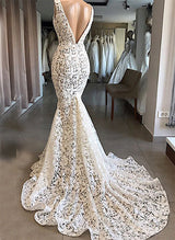 Trumpet Mermaid Fitted V Neck Sleeveless Court Train Lace Wedding Dresses-Dbrbridal