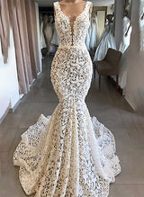 Trumpet Mermaid Fitted V Neck Sleeveless Court Train Lace Wedding Dresses-Dbrbridal