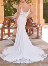 Trumpet Mermaid Fitted V-Neck Sleeveless Lace Elastic Satin Wedding Dresses-Dbrbridal