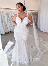 Trumpet Mermaid Fitted V Neck Sleeveless Lace Tulle Wedding Dresses Appliques Lace-Dbrbridal