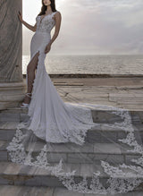 Trumpet Mermaid Fitted V Neck Sleeveless Lace Wedding Dresses Appliques Lace-Dbrbridal