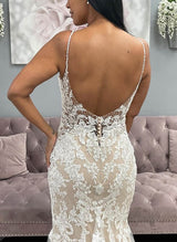 Trumpet Mermaid Fitted V-Neck Sleeveless Wedding Dresses Appliques Lace-Dbrbridal