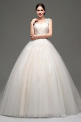 Tulle Cap Sleeves Keyhole Back Princess Wedding Dress With Bow And Rhinestone Sash-Dbrbridal