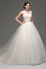 Tulle Cap Sleeves Keyhole Back Princess Wedding Dress With Bow And Rhinestone Sash-Dbrbridal
