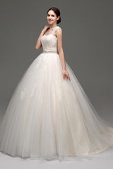 Tulle Cap Sleeves Keyhole Back Princess Wedding Dress With Bow And Rhinestone Sash-Dbrbridal