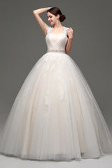 Tulle Cap Sleeves Keyhole Back Princess Wedding Dress With Bow And Rhinestone Sash-Dbrbridal