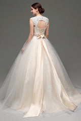 Tulle Cap Sleeves Keyhole Back Princess Wedding Dress With Bow And Rhinestone Sash-Dbrbridal