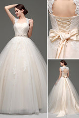 Tulle Cap Sleeves Keyhole Back Princess Wedding Dress With Bow And Rhinestone Sash-Dbrbridal