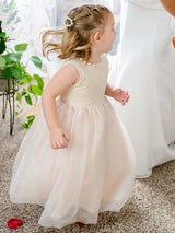 Tulle Champagne Jewel Neck Sleeveless Short Princess Party Dress Kids Sash Pageant Dresses-Dbrbridal