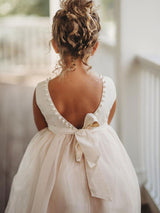 Tulle Champagne Jewel Neck Sleeveless Short Princess Party Dress Kids Sash Pageant Dresses-Dbrbridal