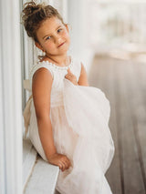 Tulle Champagne Jewel Neck Sleeveless Short Princess Party Dress Kids Sash Pageant Dresses-Dbrbridal