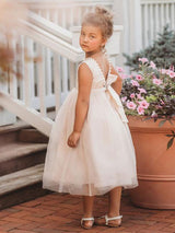 Tulle Champagne Jewel Neck Sleeveless Short Princess Party Dress Kids Sash Pageant Dresses-Dbrbridal