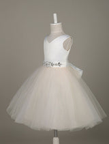 Tulle Satin V Neck Tutu Dress Ivory Beading Waist Sleeveless A-line Dinner Dress With Sash-Dbrbridal