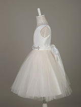 Tulle Satin V Neck Tutu Dress Ivory Beading Waist Sleeveless A-line Dinner Dress With Sash-Dbrbridal