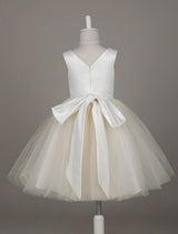 Tulle Satin V Neck Tutu Dress Ivory Beading Waist Sleeveless A-line Dinner Dress With Sash-Dbrbridal