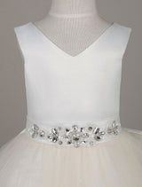 Tulle Satin V Neck Tutu Dress Ivory Beading Waist Sleeveless A-line Dinner Dress With Sash-Dbrbridal