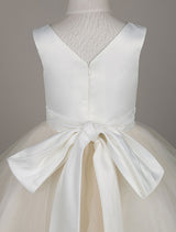 Tulle Satin V Neck Tutu Dress Ivory Beading Waist Sleeveless A-line Dinner Dress With Sash-Dbrbridal