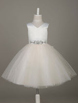 Tulle Satin V Neck Tutu Dress Ivory Beading Waist Sleeveless A-line Dinner Dress With Sash-Dbrbridal