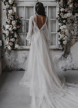 Tulle Wedding Dress Chic A-line V-Neck Sweep Train-Dbrbridal