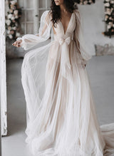 Tulle Wedding Dress Chic A-line V-Neck Sweep Train-Dbrbridal