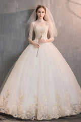 Tulle Wedding Dresses Princess Bridal Gown Illusion Collar Half Sleeve Long Bridal Dress-Dbrbridal