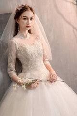 Tulle Wedding Dresses Princess Bridal Gown Illusion Collar Half Sleeve Long Bridal Dress-Dbrbridal