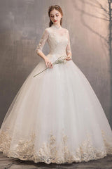 Tulle Wedding Dresses Princess Bridal Gown Illusion Collar Half Sleeve Long Bridal Dress-Dbrbridal